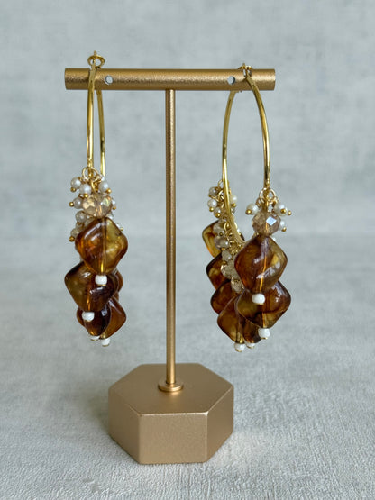 Ayura Designs Heer Balis – Gold Hoops with Smokey Amber Marble Beads, Pearls & Crystal Detailing