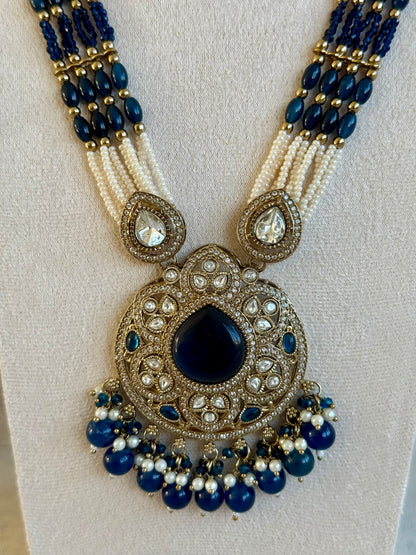 Ayura Designs Brielle Set – Necklace & Jhumkis with Mirror-Cut Stones in Midnight Blue & Ivory