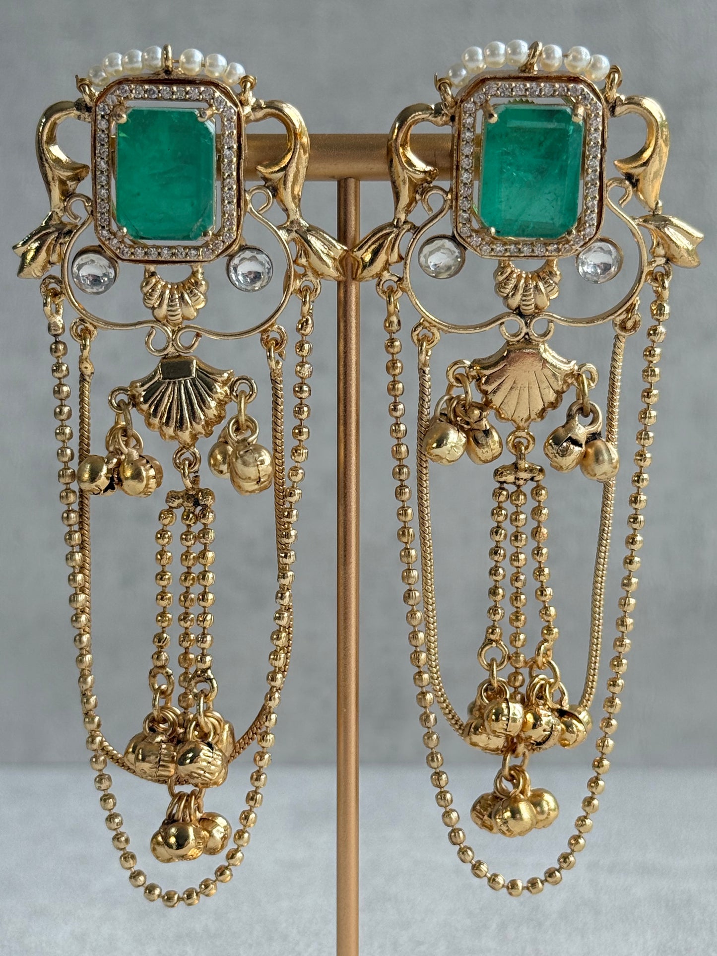 Ayura Designs Jaid Earrings – Jade Green Floral Motif with Layered Chains & Ghungroos