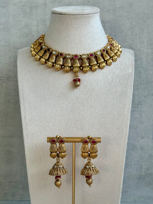 Ayura Designs Aima Necklace Set with Earrings – Antique Gold with Rani Pink Stones