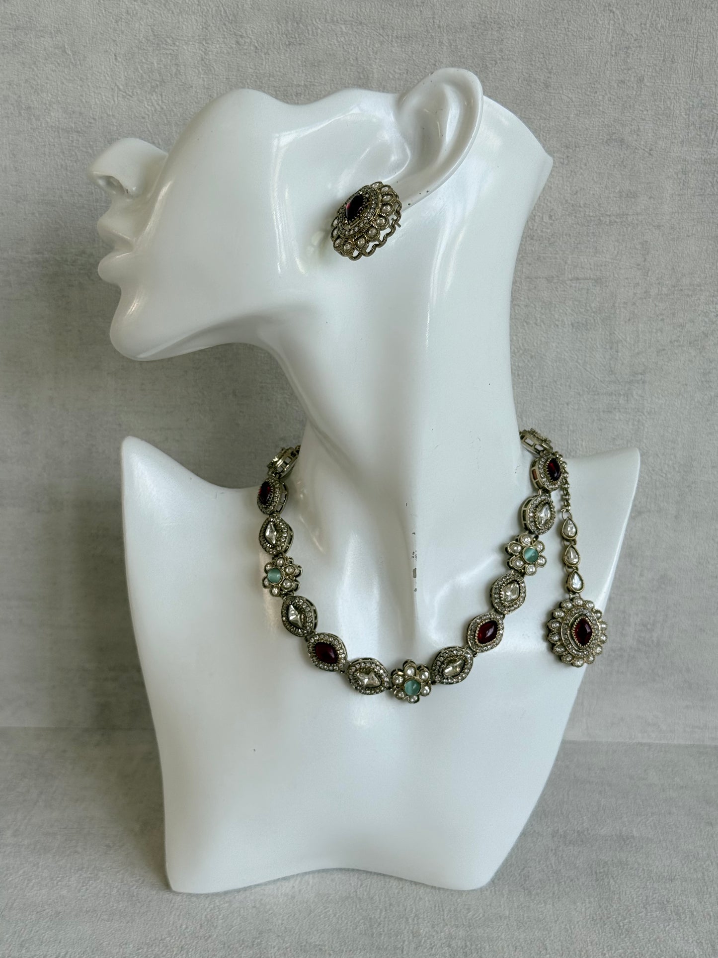 Ayura Designs Ivy Necklace Set with Studs & Tikka – Ruby Red & Mint Green Kundan Detailing