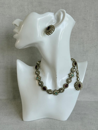 Ayura Designs Ivy Necklace Set with Studs & Tikka – Ruby Red & Mint Green Kundan Detailing