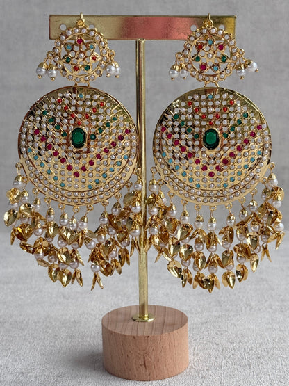 Ayura Designs Seerat Earrings – Emerald Green & Multicolour Gold Pippal Patti Design with Pearls