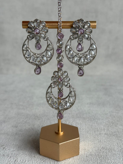 Ayura Designs Qirat Set with Earrings & Tikka – Soft Lilac Stones, Mirror-Cut Detailing & Silver Finish