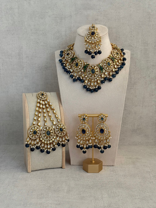 Ayura Designs Zara Set with Necklace, Earrings, Tikka & Passa – Antique Gold with Kundan Detailing & Ink Blue Stones & Beads