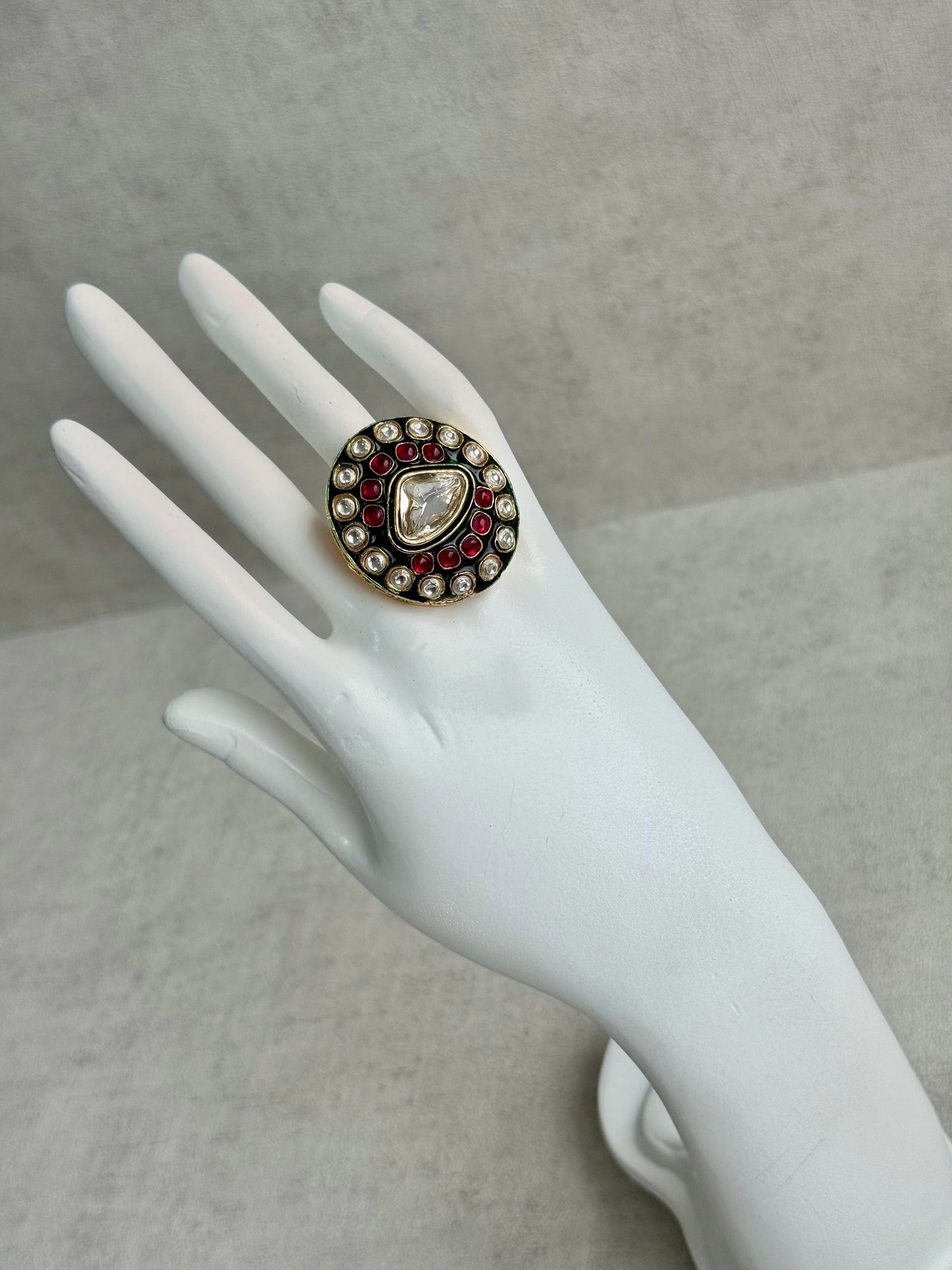 Ayura Designs Firdos Adjustable Ring – Mirror-Cut Stone Statement Ring with Green Enamel & Ruby Pink Detailing