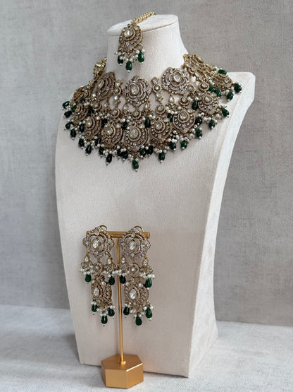 Ayura Designs Fazal Set with Necklace, Earrings & Tikka – Emerald Green Drops, Pearl Detailing & Moissanite Stonework