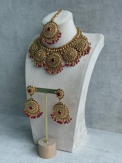 Ayura Designs Rummy Set – Statement Necklace, Earrings & Tikka with Rani Pink Beads and Polished Gold Finish