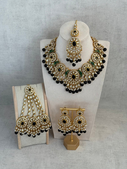 Ayura Designs Zara Set with Necklace, Earrings, Tikka & Passa – Antique Gold with Kundan Detailing & Black Beads