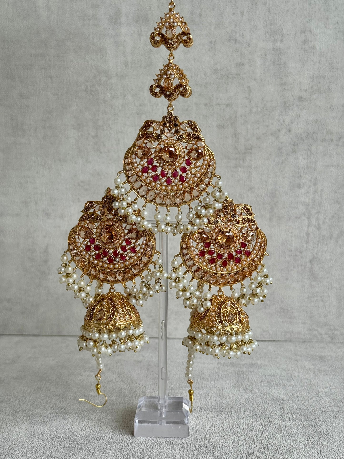 Ayura Designs Zarnigar Tikka Set with Sahare Jhumkis – Champagne & Ruby Stones with Pearl Detailing