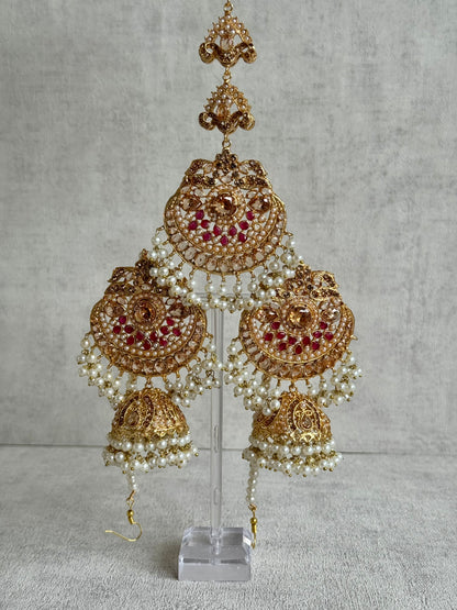 Ayura Designs Zarnigar Tikka Set with Sahare Jhumkis – Champagne & Ruby Stones with Pearl Detailing