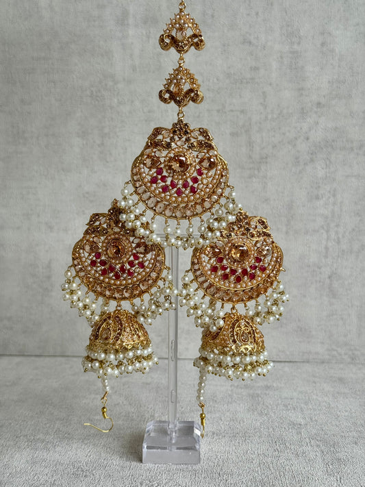 Ayura Designs Zarnigar Tikka Set with Sahare Jhumkis – Champagne & Ruby Stones with Pearl Detailing