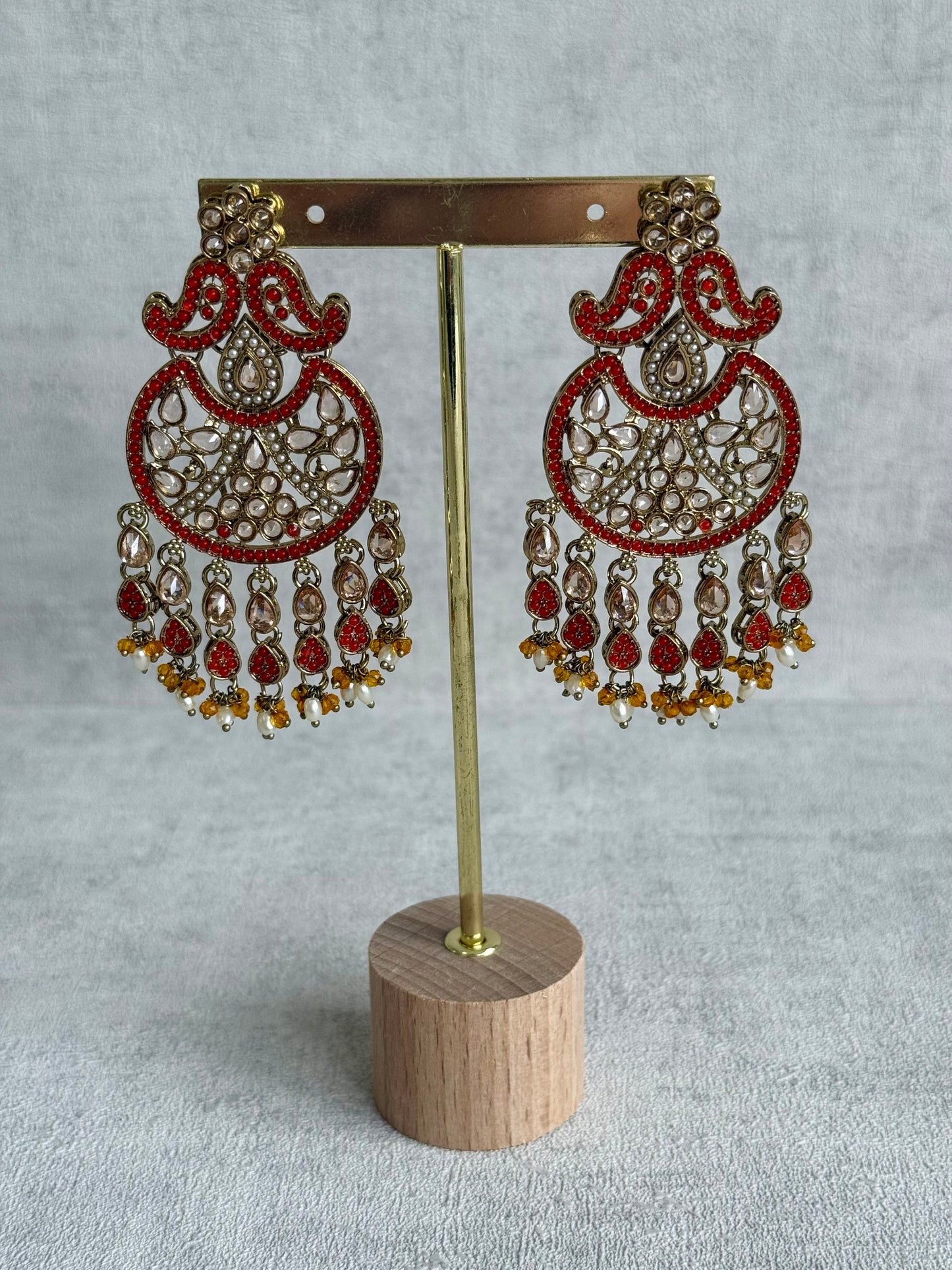 Ayura Designs Anvi Tikka Set with Earrings – Orange with Champagne Stones & Pearl Drops