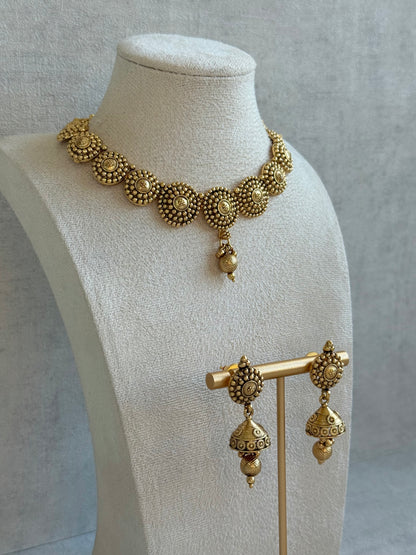 Ayura Designs Reet Set with Necklace & Jhumkis – Antique Gold with Textured Floral Motifs & Dome Drops