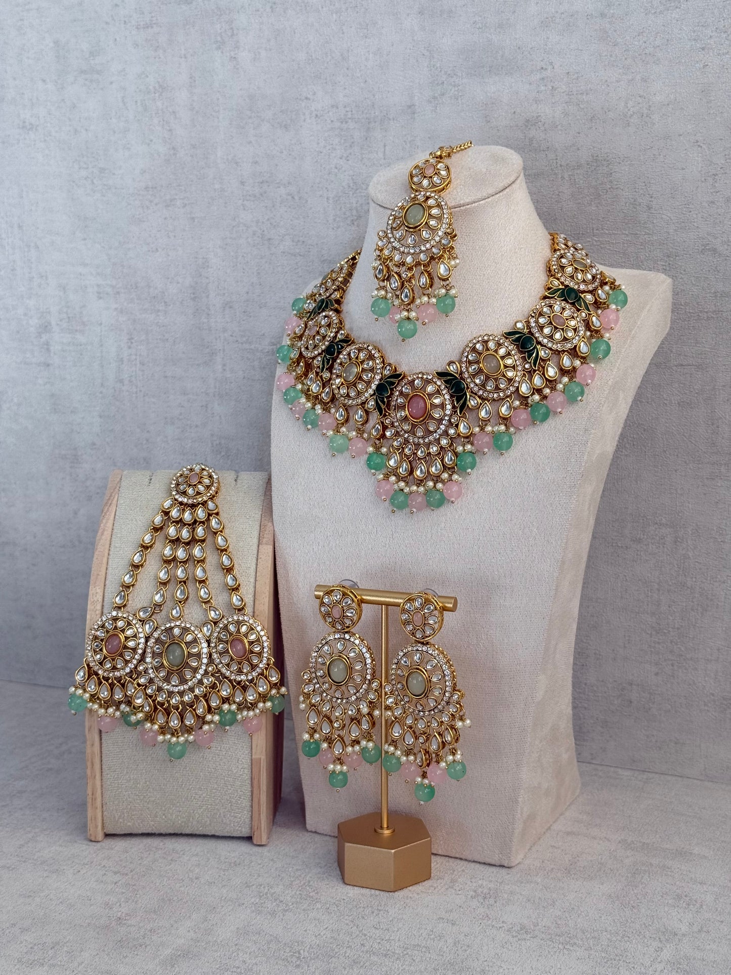 Ayura Designs Zara Set with Necklace, Earrings, Tikka & Passa – Antique Gold with Kundan Detailing & Mint Green & Blush Pink Beads