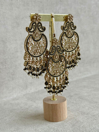 Ayura Designs Anvi Tikka Set with Earrings – Black with Champagne Stones & Pearl Drops