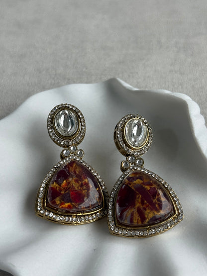 Ayura Designs Florence Earrings – mirror cut studs with Burnt Crimson Marble Resin & Crystal Borders