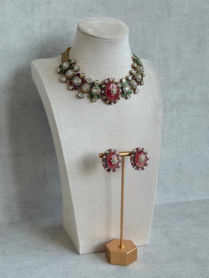 Ayura Designs Nova Necklace Set with Stud Earrings – Rose Pink Centre Stone, Kundan Detailing & Multicolour Gemstone Accents