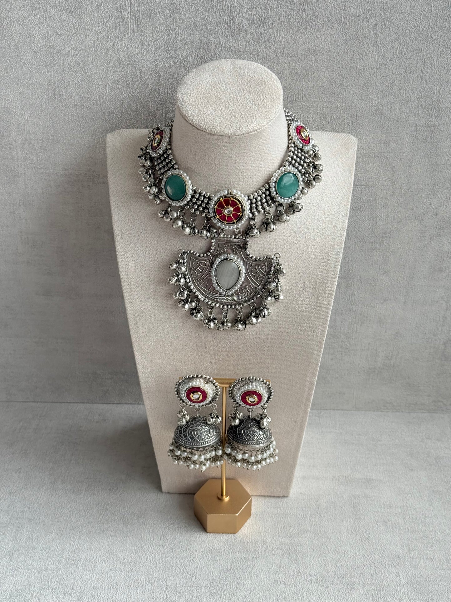 Ayura Designs Zareefa Necklace Set with Jhumkis – Oxidised Silver Pendant Necklace with Multicolour Stones, Pearl Detailing & Ghungroo Accents