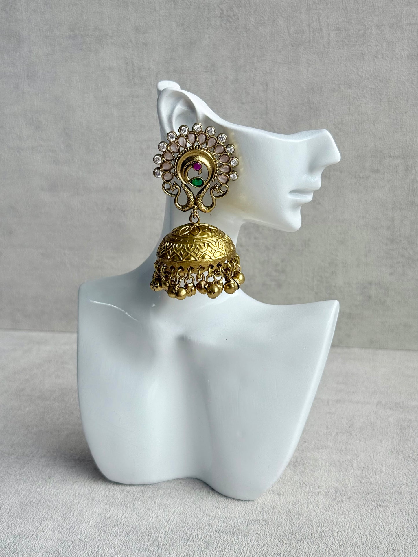 Ayura Designs Moraya Jhumkis – Blush Pink Peacock Motif with Antique Gold Detailing