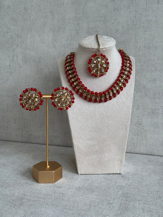 Ayura Designs Hala Set with Tikka & Studs – Orange Beads & Champagne Kundan