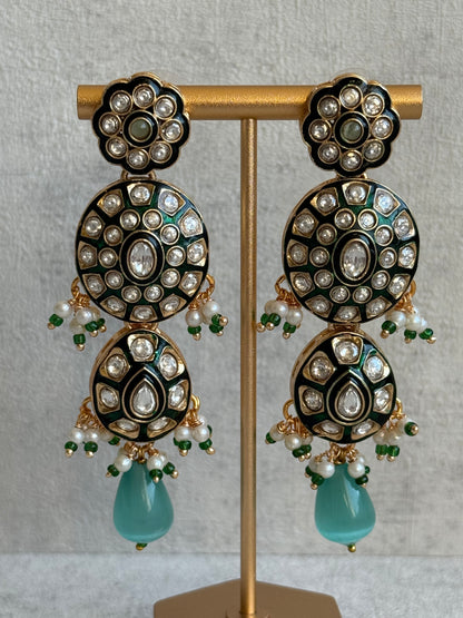 Ayura Designs Sumaira Set – Necklace, Earrings & Tikka with Kundan, Green Meenakari Detailing & Aqua Drops