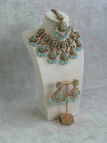 Ayura Designs Janvi Set with Necklace, Earrings & Tikka – Kundan Detailing, Aqua Blue Beads & Ivory Pearl Drops