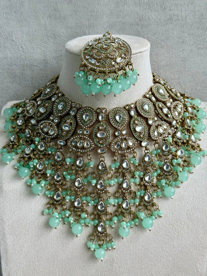 Ayura is Designs Tanya Bridal Set with Necklace, Earrings & Tikka – Pistachio Mint Beads, Mirror-Cut Stones and Antique Gold Finish