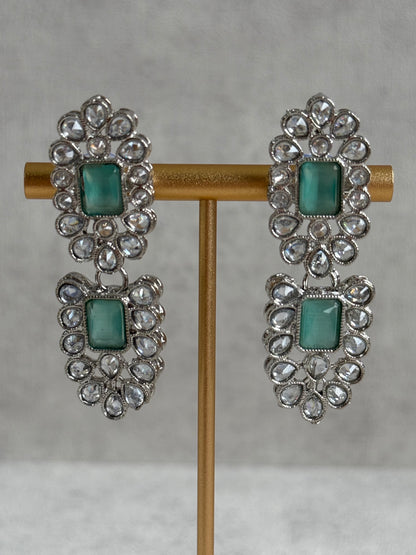 Ayura Designs Zinnia Set – Necklace, Earrings & Tikka with Mint Green Stones and Mirror-Cut Polki in Silver Finish