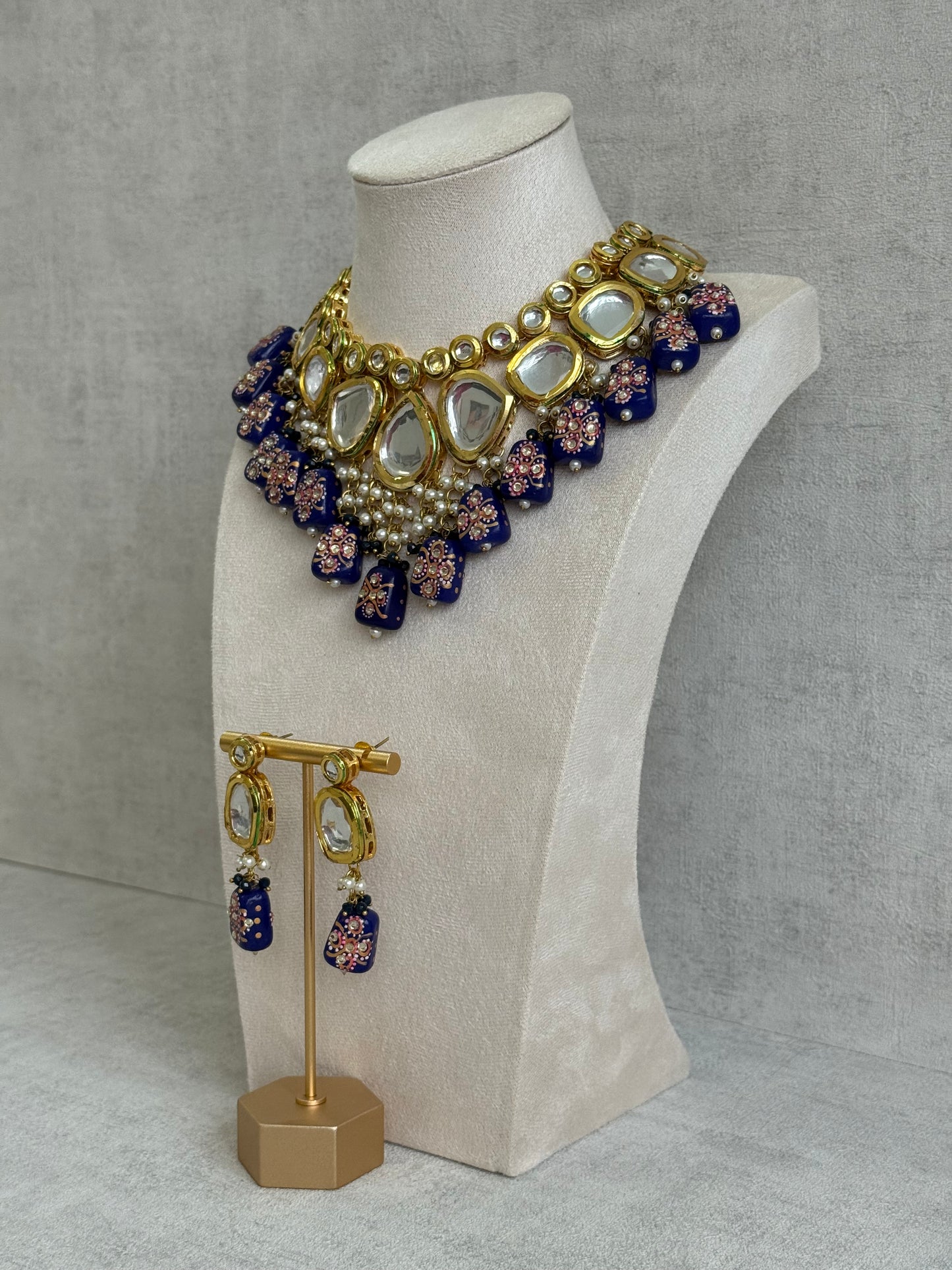 Ayura Designs Omika Set With Necklace And Earrings – Kundan Stones And Navy Blue Meenakari Drops