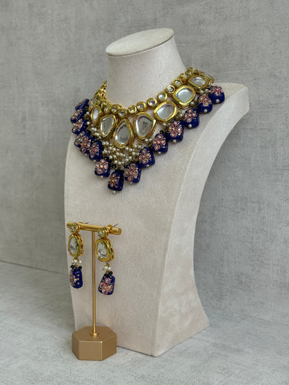 Ayura Designs Omika Set With Necklace And Earrings – Kundan Stones And Navy Blue Meenakari Drops