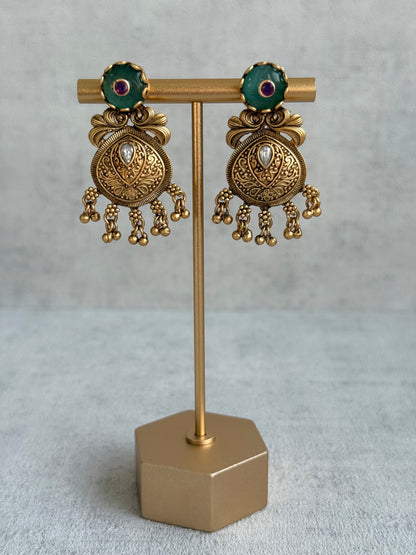 Ayura Designs Alera Set with Necklace & Earrings – Peacock Green and Rani Pink with Antique Gold Ghungroo Detailing