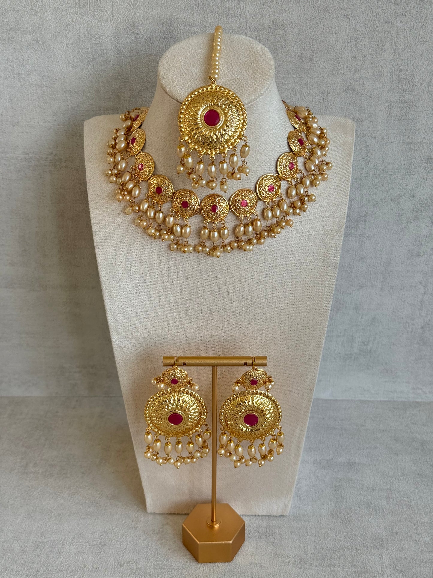 Ayura Designs Jyoti Set with Earrings & Tikka – Gold Disc Necklace with Ruby Pink & Pearl Detailing