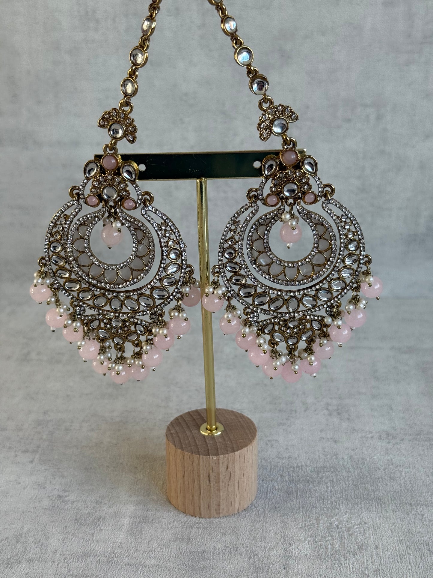 Ayura Designs Rabia Chandbalis – Antique Gold Kundan Earrings with Blush Pink Beads, Pearls & Attached Sahare