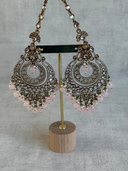 Ayura Designs Rabia Chandbalis – Antique Gold Kundan Earrings with Blush Pink Beads, Pearls & Attached Sahare