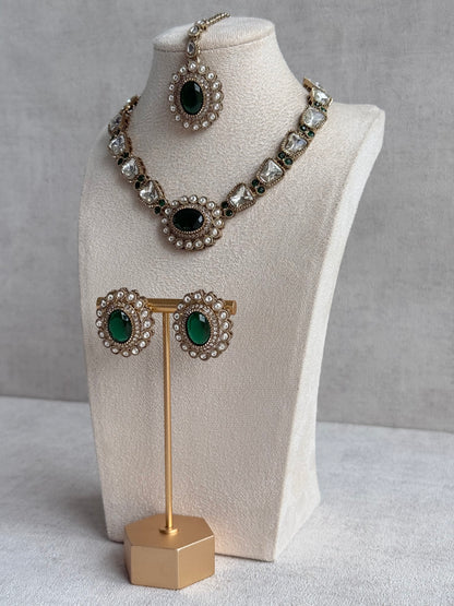 Ayura Designs Inza Necklace Set – Emerald Green Stones, Kundan & Crystals with Antique Gold Finish