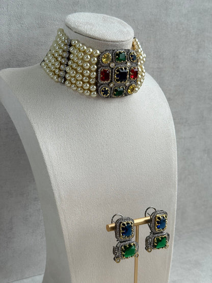 Ayura Designs Amelia Choker Set with Earrings – Moissanite Stonework with Layered Pearls in Antique Silver Finish (Deep Jewel Tones)