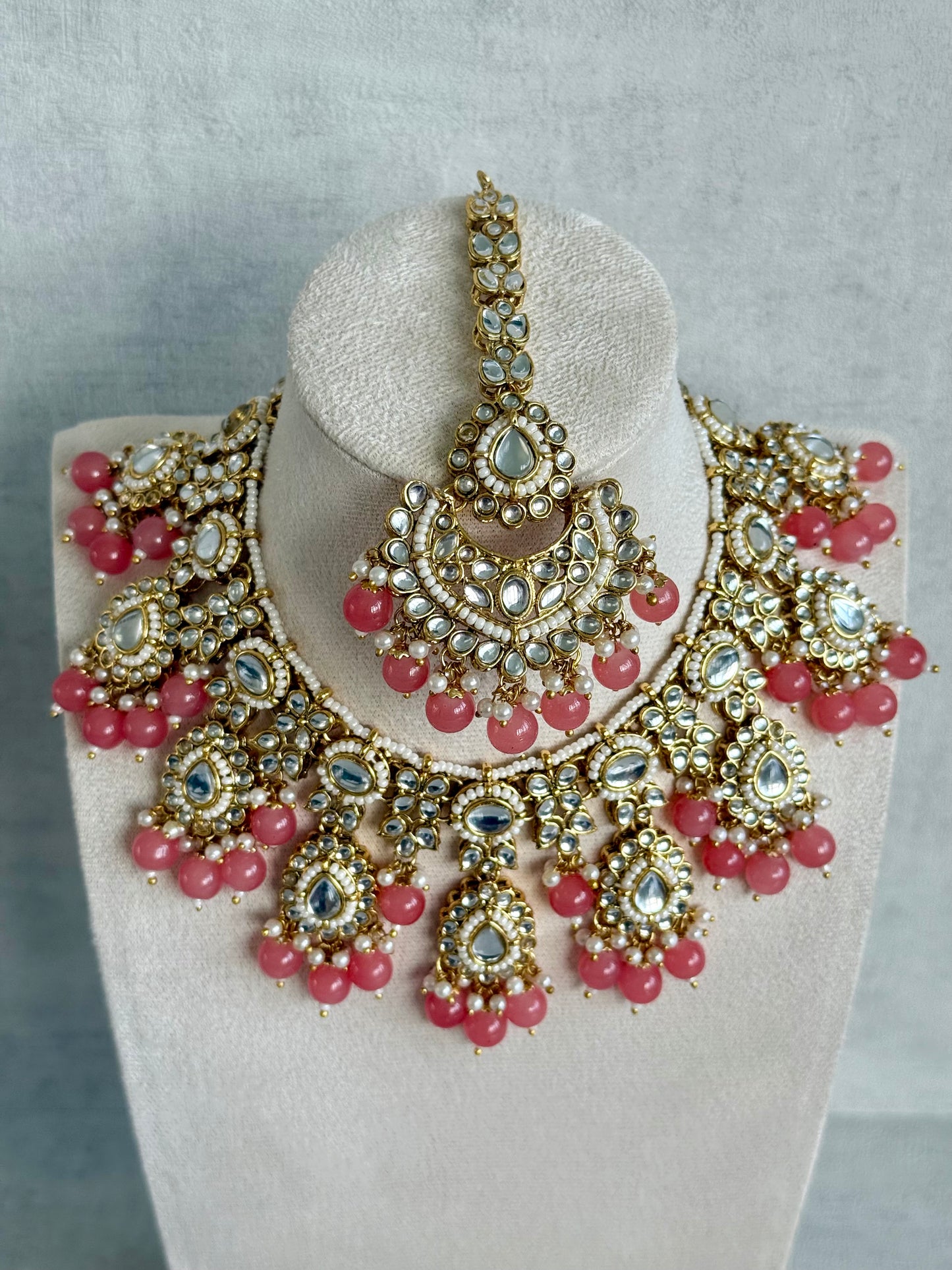 Ayura Designs Iyla Set with Necklace, Earrings & Tikka – Kundan Detailing, Ivory Pearl Drops & Peach Beads