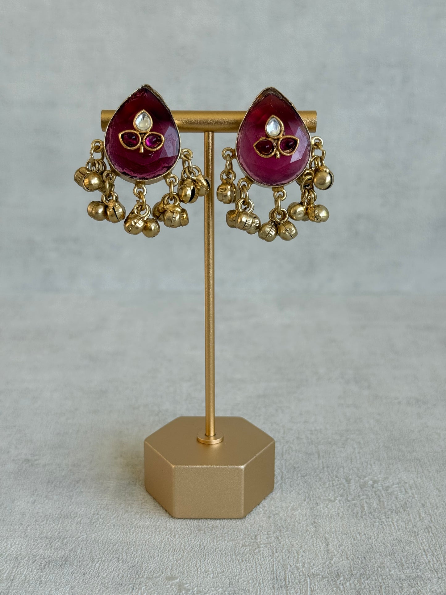 Ayura Designs Aykai Earrings – Ruby Pink Teardrop Stud Earrings with Clear Kundan Stones and Gold Ghungroo Drops