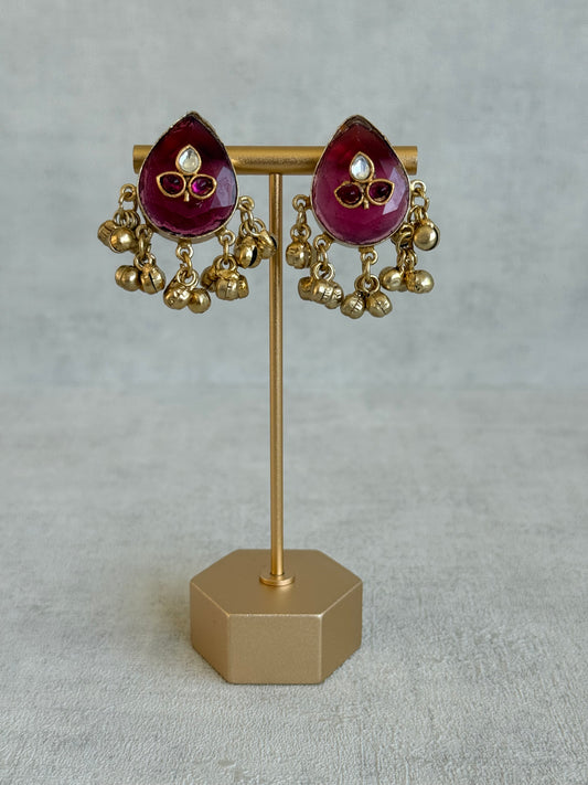 Ayura Designs Aykai Earrings – Ruby Pink Teardrop Stud Earrings with Clear Kundan Stones and Gold Ghungroo Drops