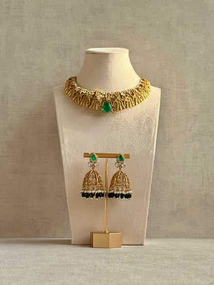 Ayura Designs Rami Collar Set with Jhumkis – Sculpted Gold Collar with Emerald Green Stone and Crystal Detailing