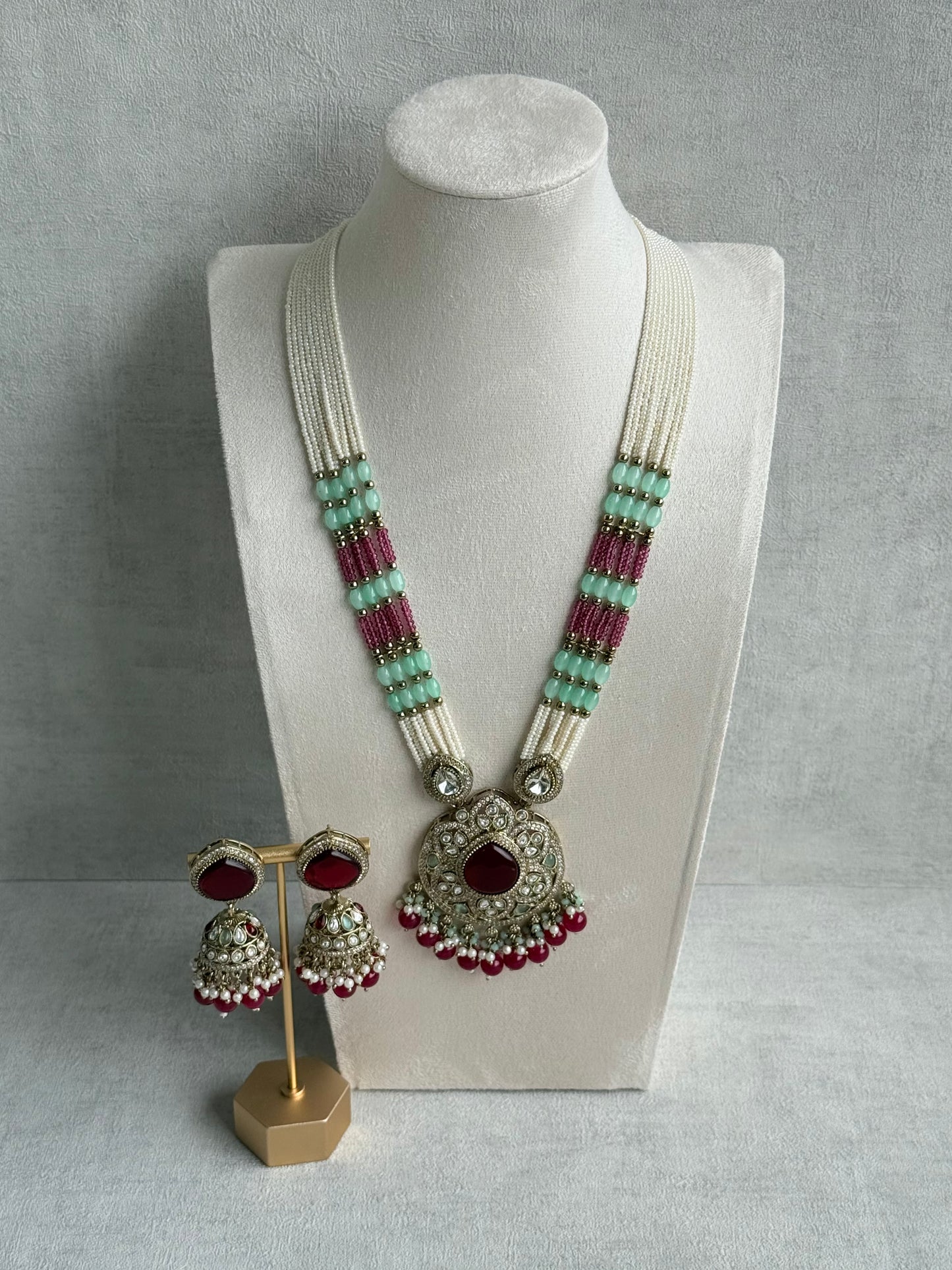 Ayura Designs Brielle Set – Necklace & Jhumkis with Mirror-Cut Stones, Ruby Red, Mint Green & Ivory Pearl Detailing