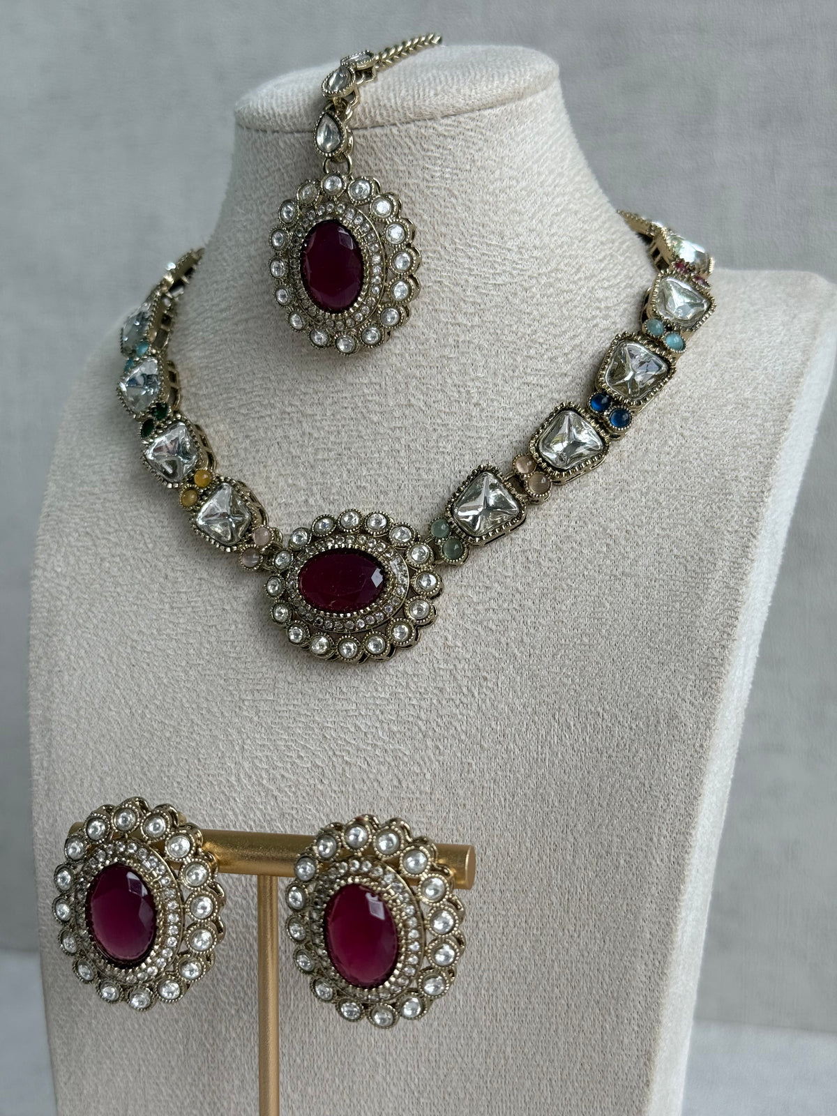 Ayura Designs Inza Necklace Set – Rani Pink, Multicolour Stones, Kundan & Crystals with Antique Gold Finish