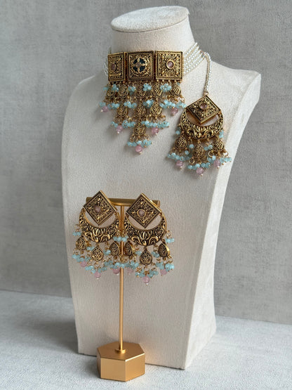Ayura Designs Samera Choker Set with Earrings & Tikka – Aqua Blue & Blush Pink Beads, Green Centre Stone, Floral Motifs & Antique Gold Finish