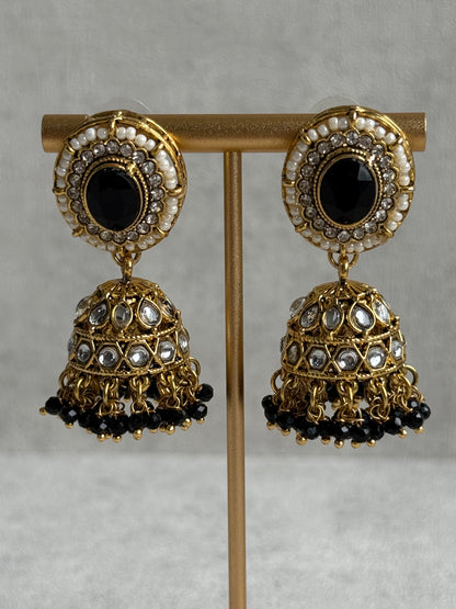 Ayura Designs Muskaan Set – Choker, Jhumkis & Tikka with Black Beads, Kundan Stones & Antique Gold Finish