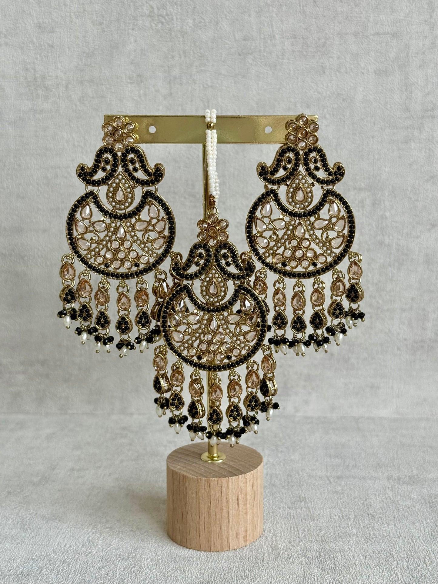 Ayura Designs Anvi Tikka Set with Earrings – Black with Champagne Stones & Pearl Drops