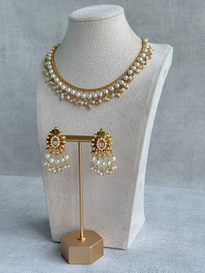 Ayura Designs Tarz Necklace Set with Earrings – Gold Pearl Layered Fringe Design with Pearl Drops