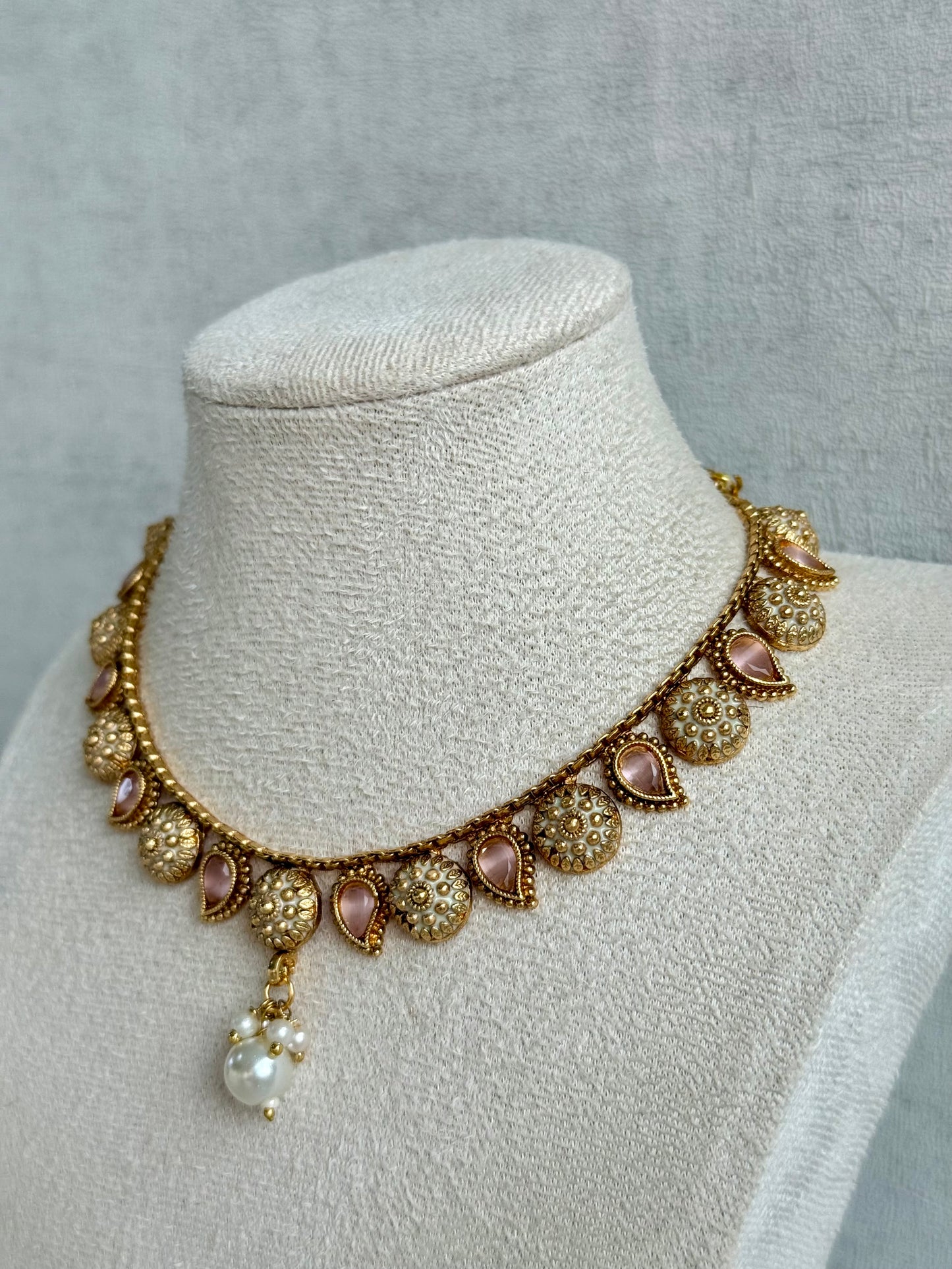 Ayura Designs Mayura Necklace Set with Earrings – Antique Gold Meenakari Motifs with Pearl Drop & Blush Pink Stones