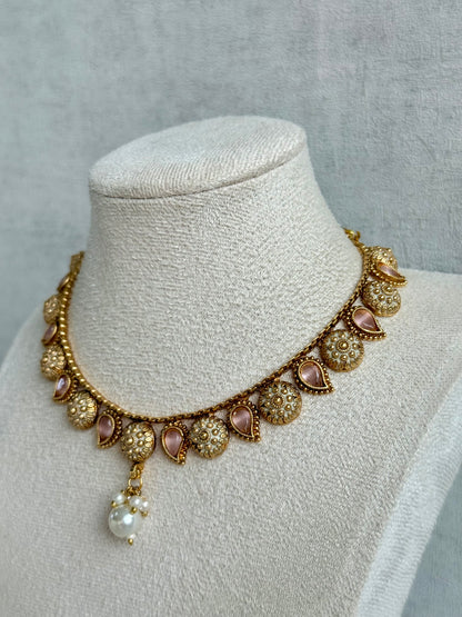 Ayura Designs Mayura Necklace Set with Earrings – Antique Gold Meenakari Motifs with Pearl Drop & Blush Pink Stones
