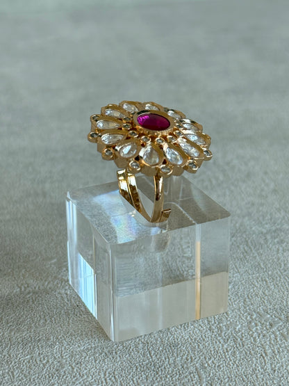 Ayura Designs Luisa Adjustable Ring – Pink Centre Stone with Crystal Petal Detailing